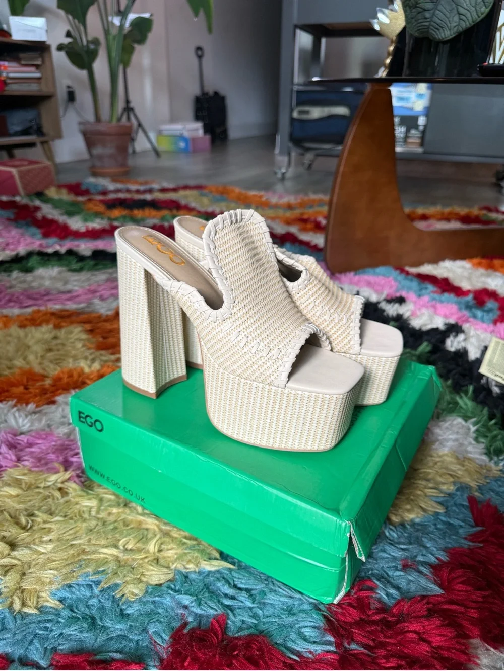 EGO Cream Woven Platform Mule Heels